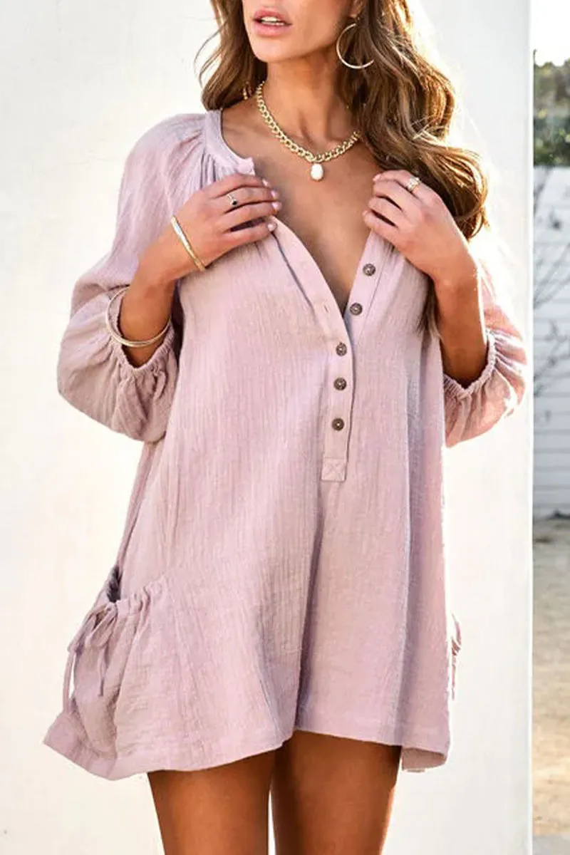 Casual Simplicity Solid Pocket V Neck Loose Jumpsuits