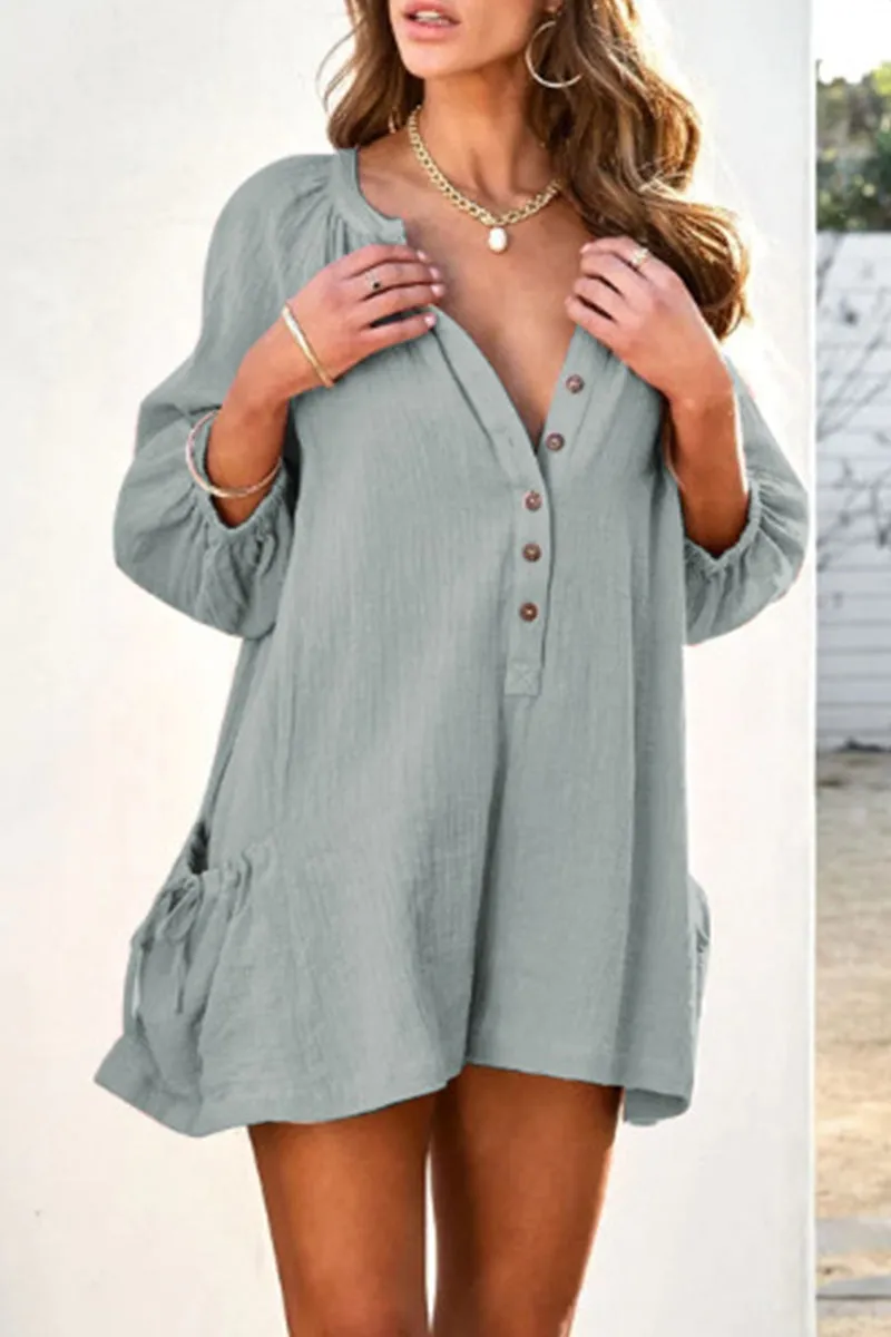Casual Simplicity Solid Pocket V Neck Loose Jumpsuits