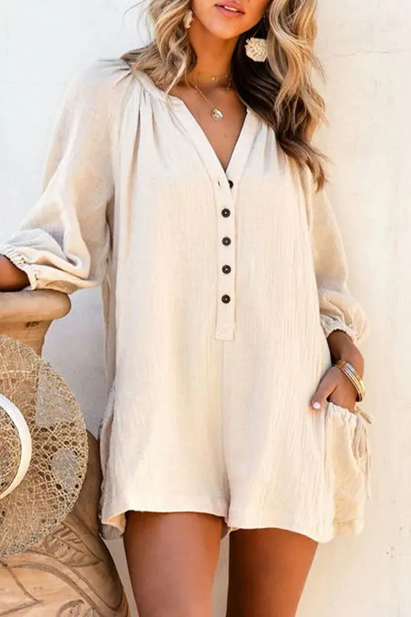 Casual Simplicity Solid Pocket V Neck Loose Jumpsuits