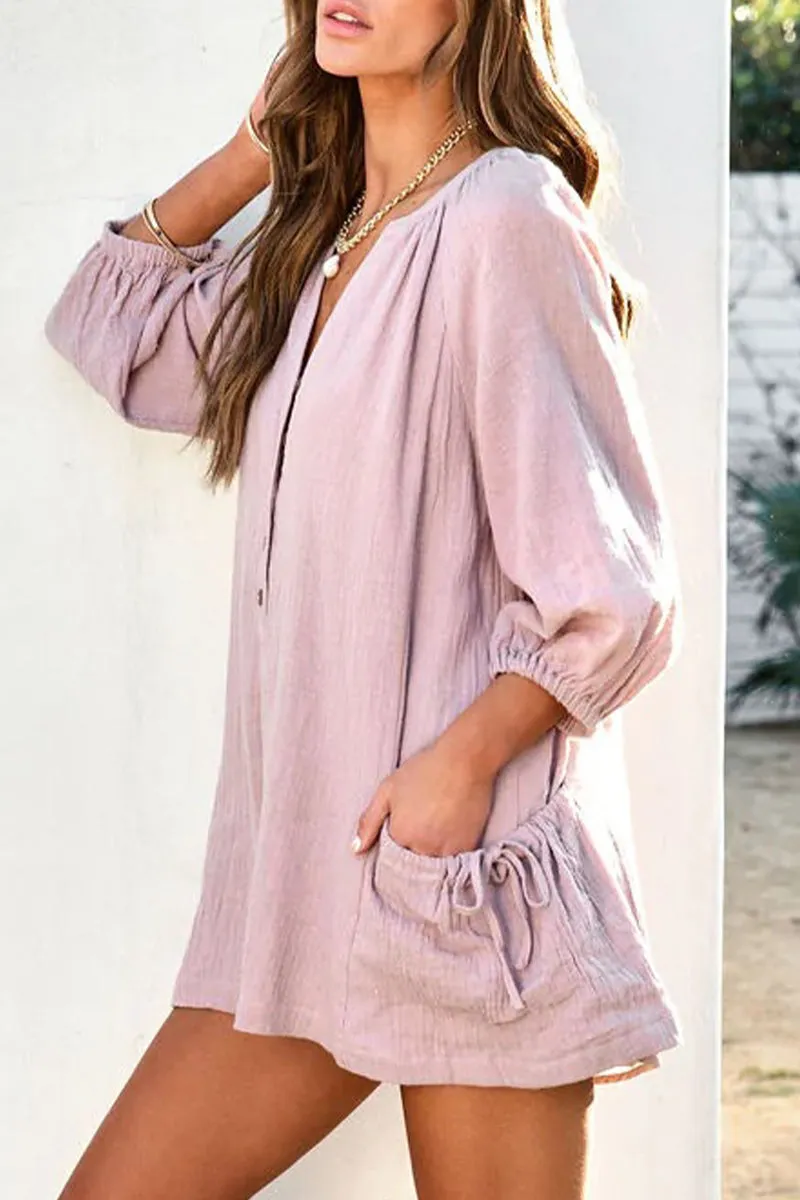 Casual Simplicity Solid Pocket V Neck Loose Jumpsuits