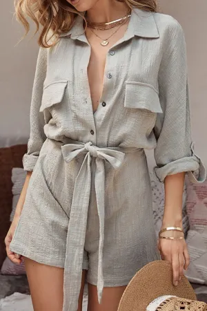 Casual Solid Turndown Collar Loose Jumpsuits
