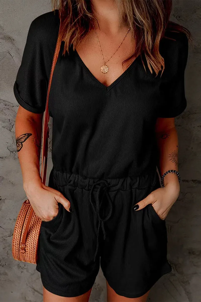 Casual Street Solid Pocket Frenulum V Neck Loose Jumpsuits