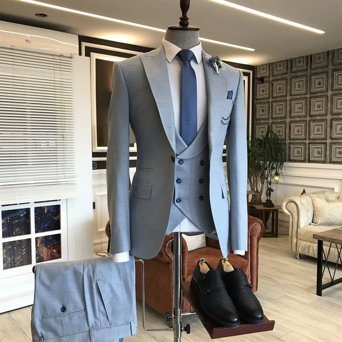 Classy Blue 3-Pieces Double Breasted Waistcoat Slim Fit Business Suits For Men