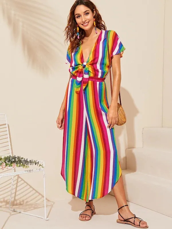 CM-JS409991 Women Casual Seoul Style Colorful Striped Curved Hem Knotted Front Jumpsuit