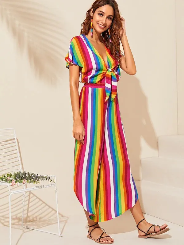 CM-JS409991 Women Casual Seoul Style Colorful Striped Curved Hem Knotted Front Jumpsuit