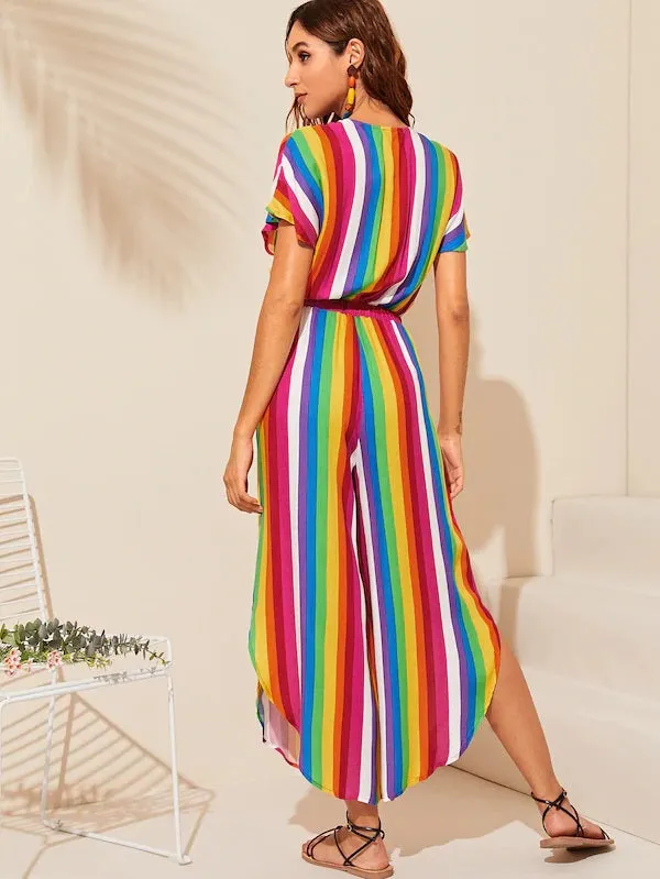 CM-JS409991 Women Casual Seoul Style Colorful Striped Curved Hem Knotted Front Jumpsuit