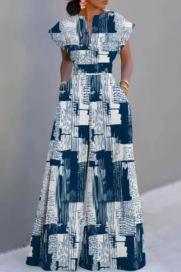 Colorful Casual Graphics Print V Neck Short Sleeve Vacation Wide Leg Jumpsuits