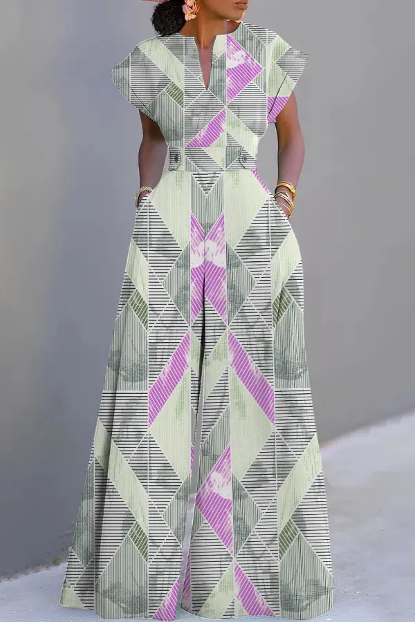 Colorful Casual Graphics Print V Neck Short Sleeve Vacation Wide Leg Jumpsuits