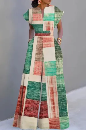 Colorful Casual Graphics Print V Neck Short Sleeve Vacation Wide Leg Jumpsuits
