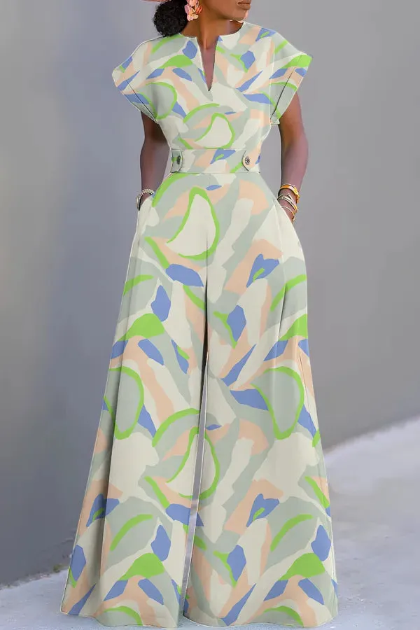 Colorful Casual Graphics Print V Neck Short Sleeve Vacation Wide Leg Jumpsuits