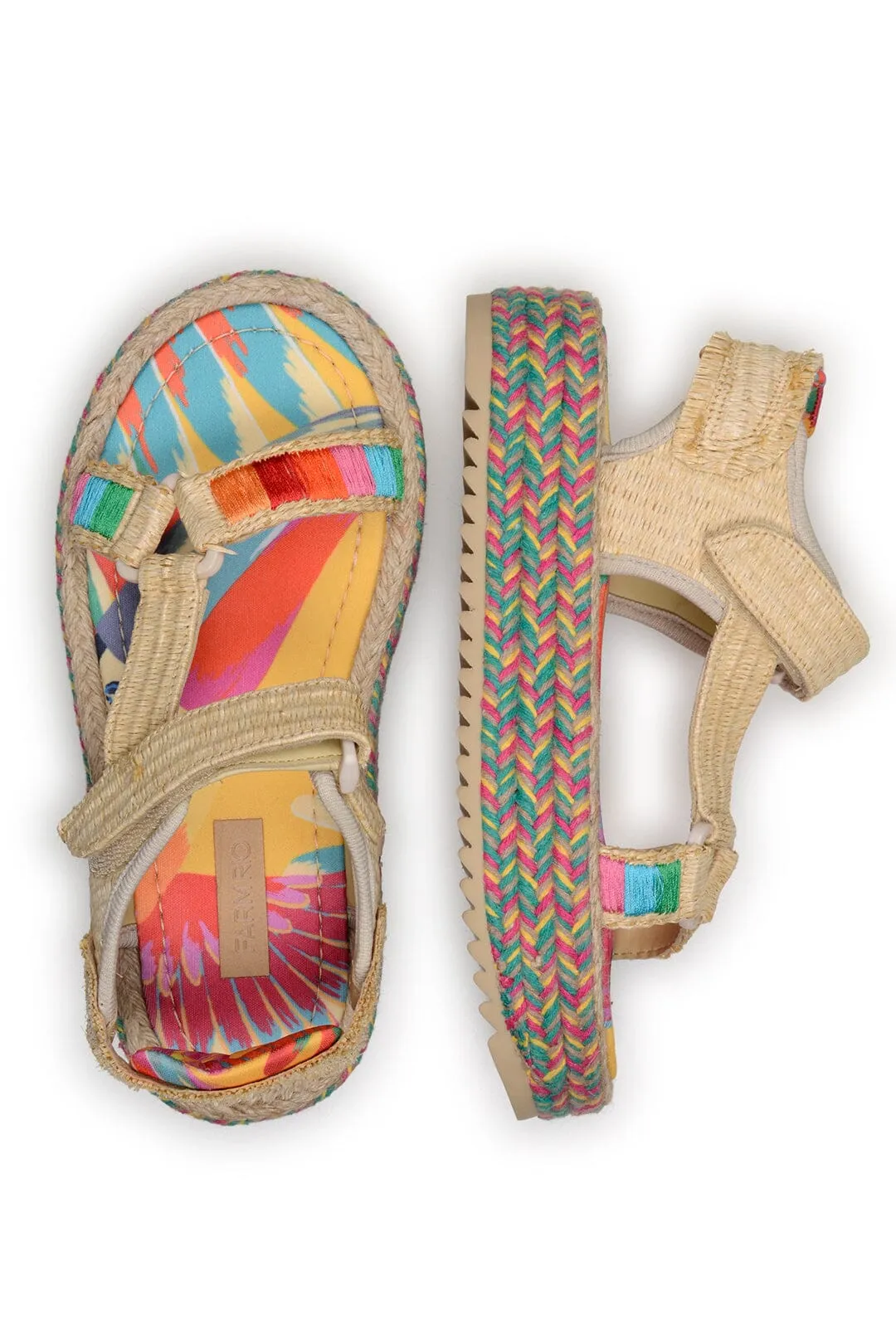 COLORFUL TOUCANS FLATFORM RAFFIA VELCRO SANDAL