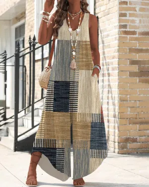 Contrasting Color Geometric Blocks V Neck Wide Leg Overall Pockets Jumpsuits