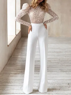 Crochet Elasticity Empire Puff Sleeves Round-neck Jumpsuits