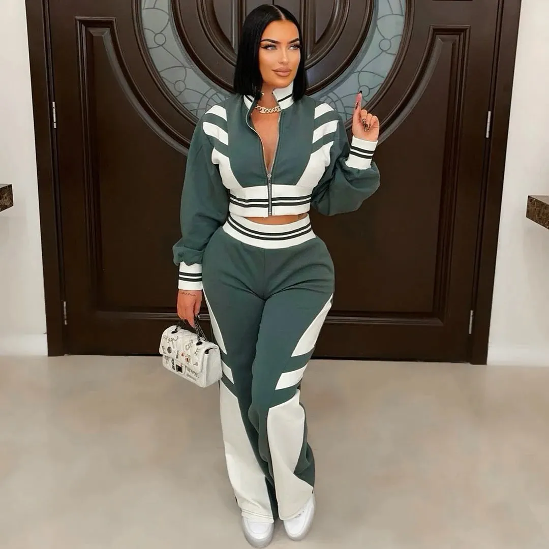 CUTENOVA Clashing Color Splicing Lapel Zipper Set Long Sleeve Short Top   Pants