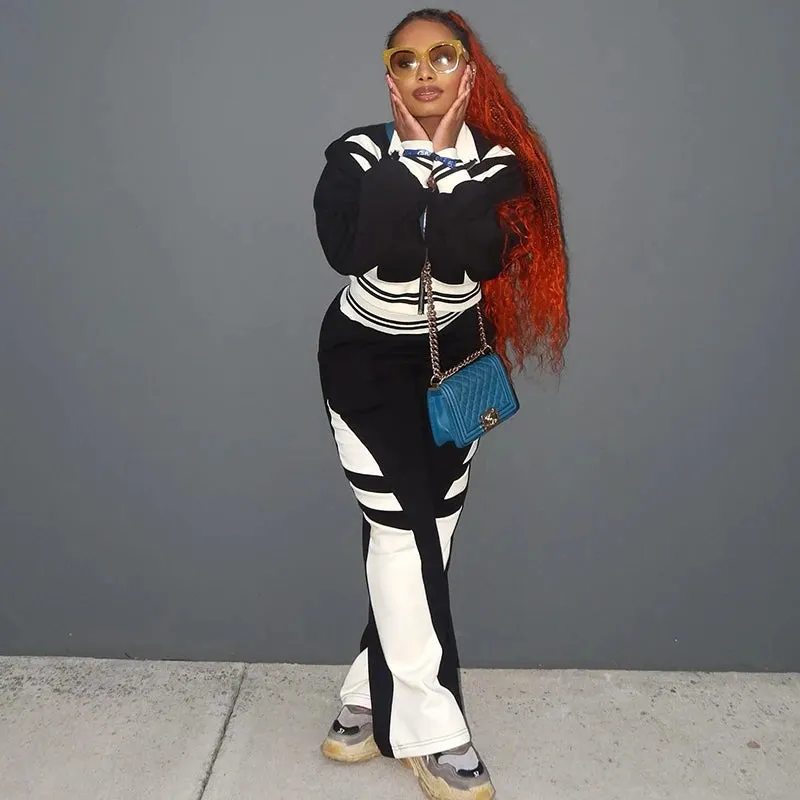CUTENOVA Clashing Color Splicing Lapel Zipper Set Long Sleeve Short Top   Pants