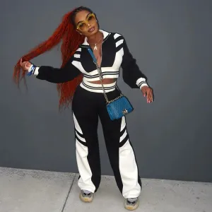 CUTENOVA Clashing Color Splicing Lapel Zipper Set Long Sleeve Short Top   Pants