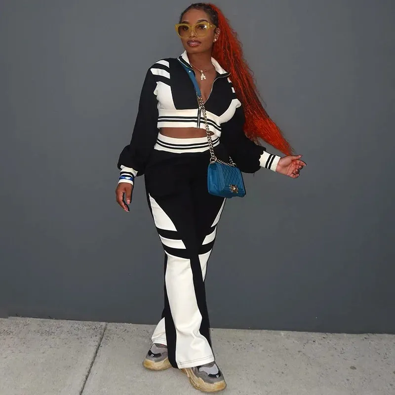 CUTENOVA Clashing Color Splicing Lapel Zipper Set Long Sleeve Short Top   Pants