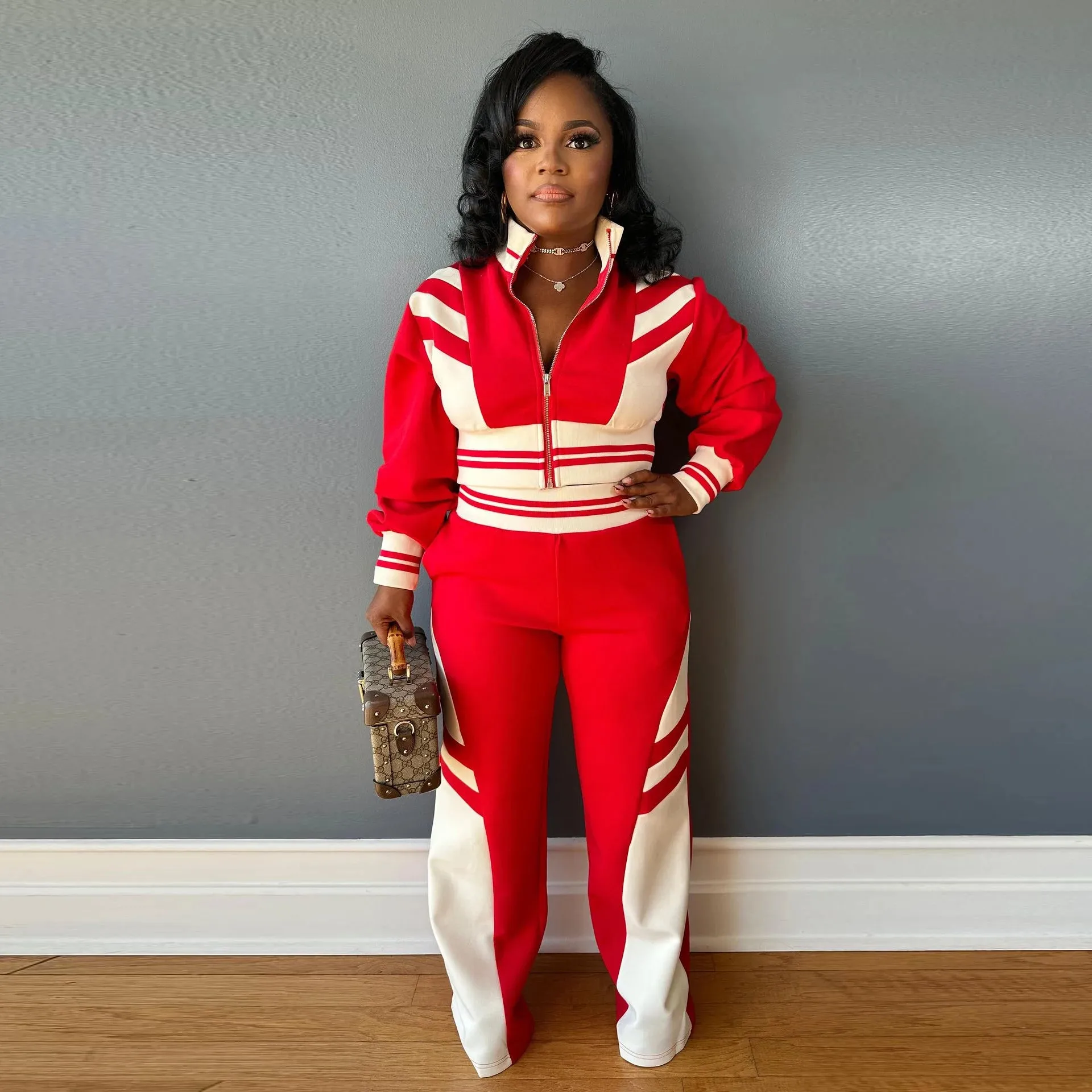 CUTENOVA Clashing Color Splicing Lapel Zipper Set Long Sleeve Short Top   Pants