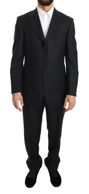 Dark Gray Two Piece 3 Button Wool Striped Suit