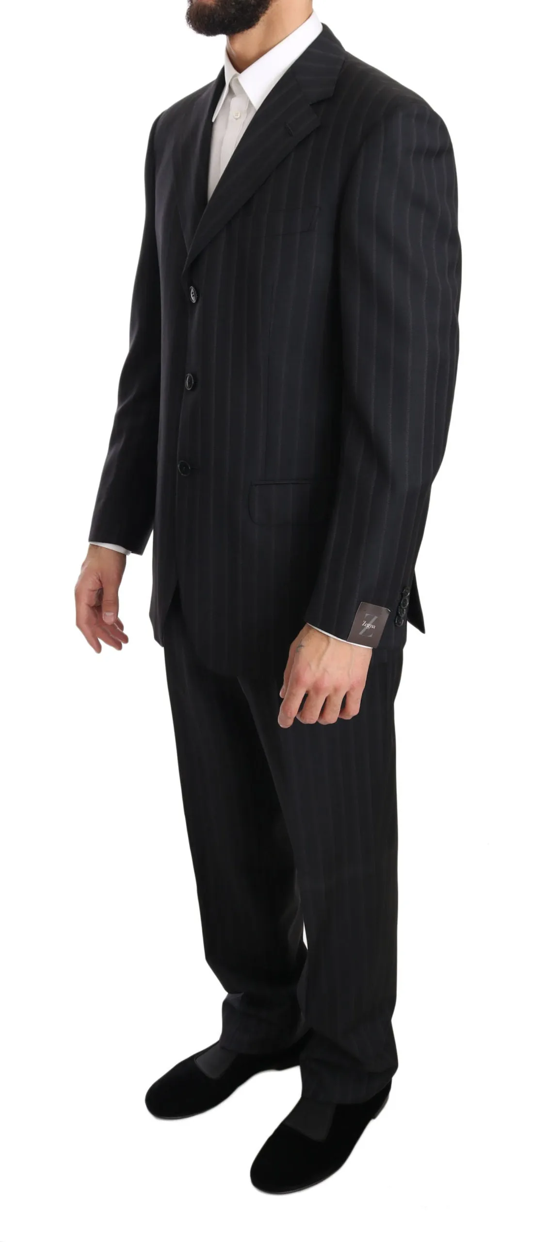 Dark Gray Two Piece 3 Button Wool Striped Suit