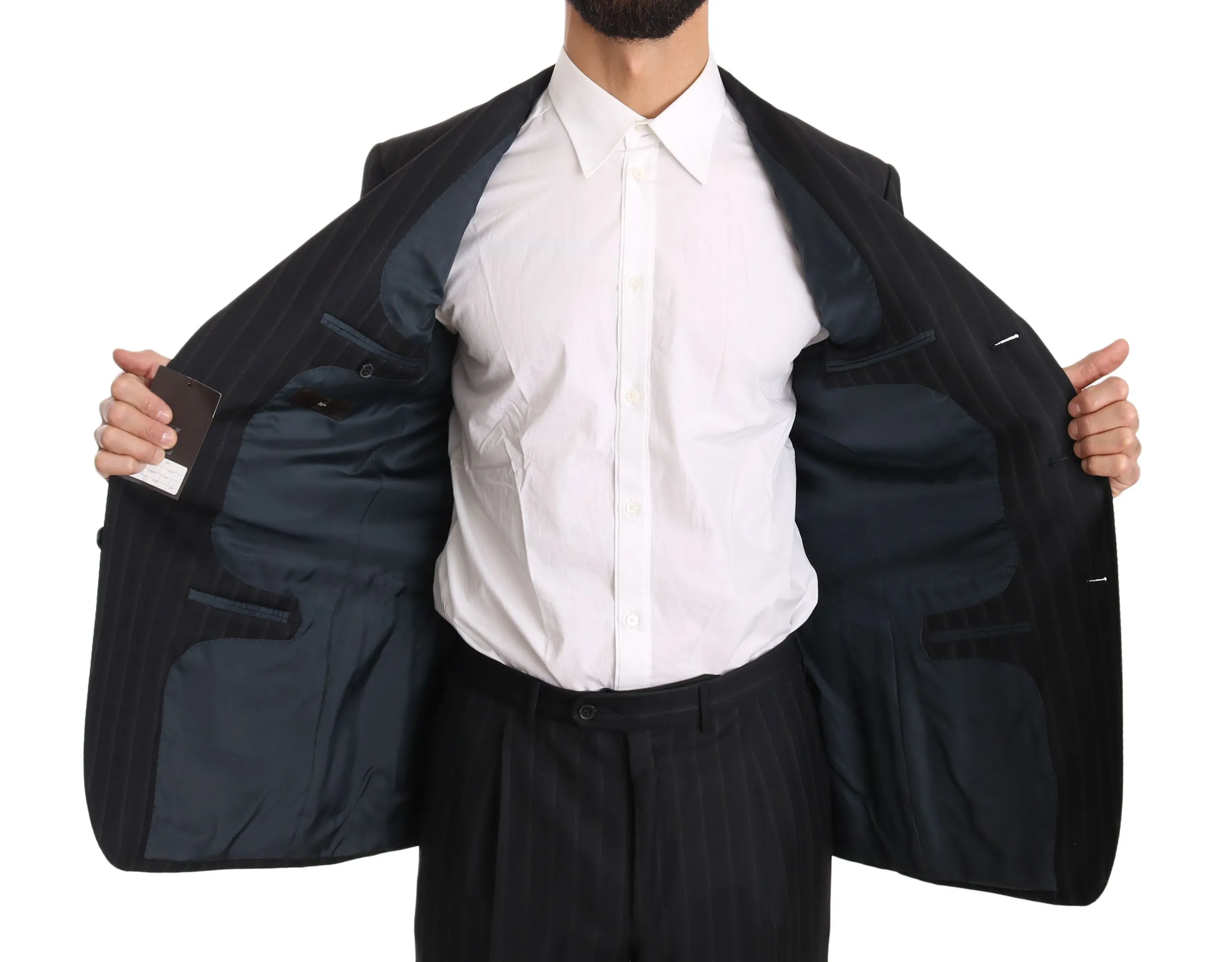Dark Gray Two Piece 3 Button Wool Striped Suit
