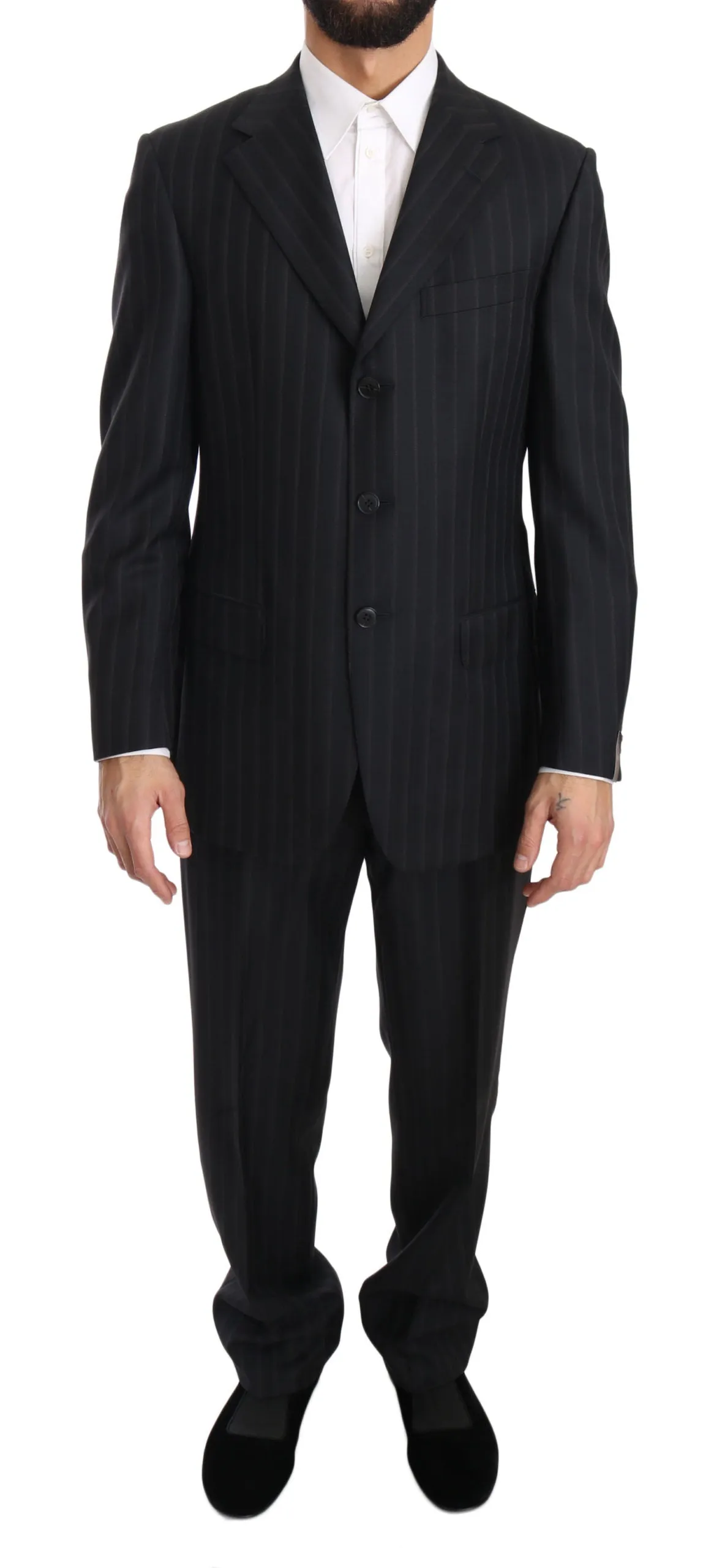 Dark Gray Two Piece 3 Button Wool Striped Suit
