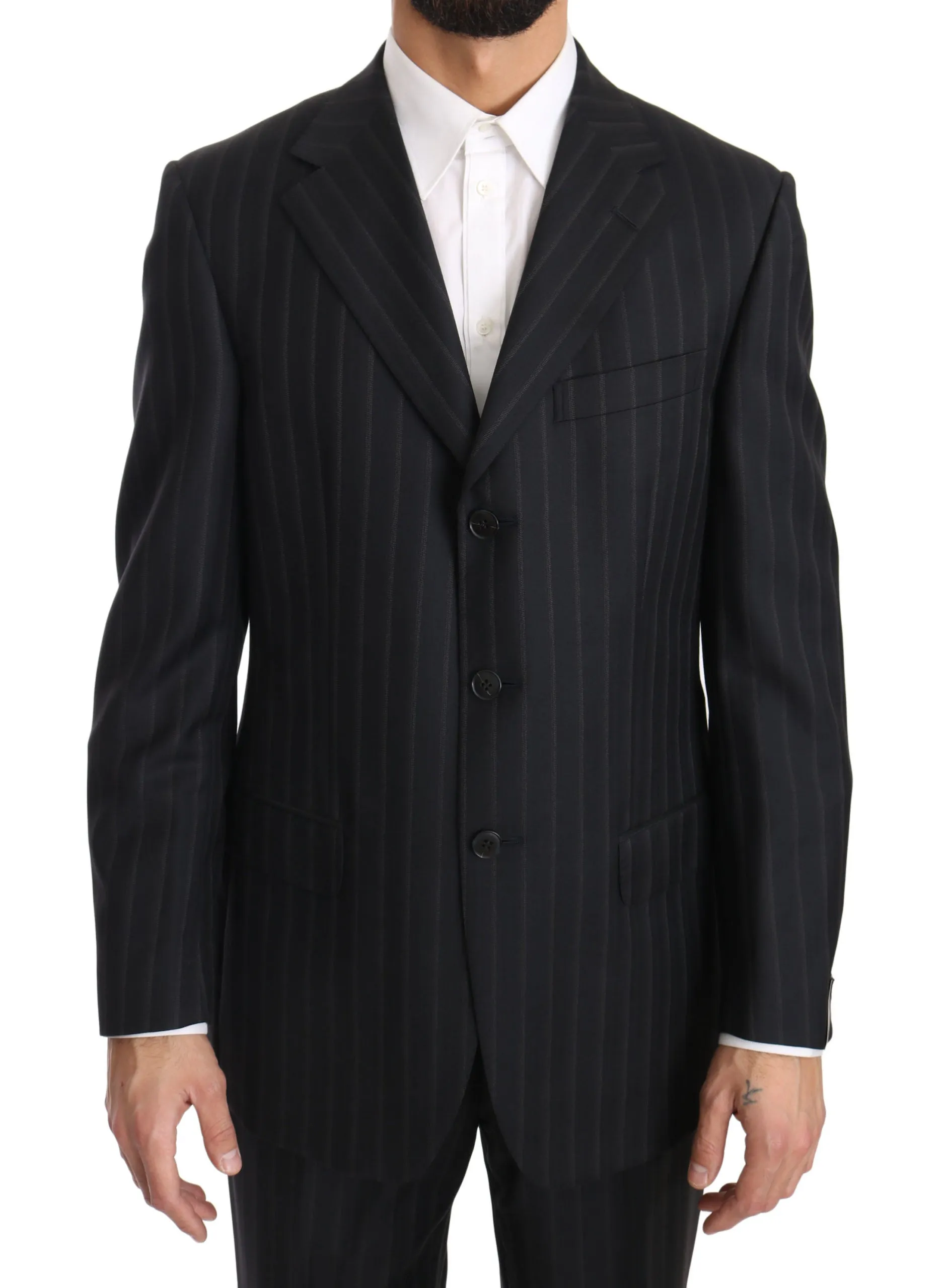 Dark Gray Two Piece 3 Button Wool Striped Suit