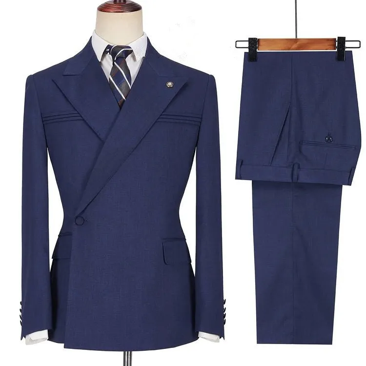 Dark Navy Bespoke Peaked Lapel Ruffles Men Suits