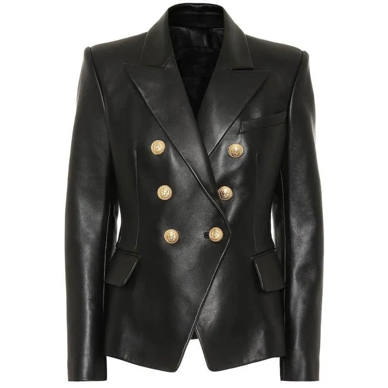 Double Breasted Genuine Leather Blazer - Elegant Outerwear for Women