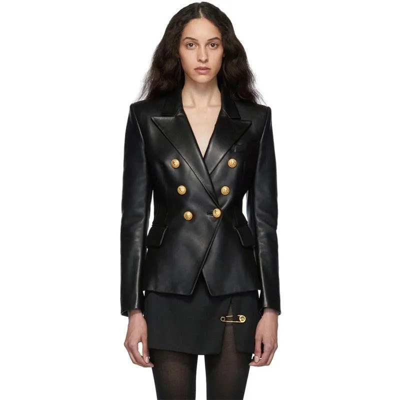 Double Breasted Genuine Leather Blazer - Elegant Outerwear for Women