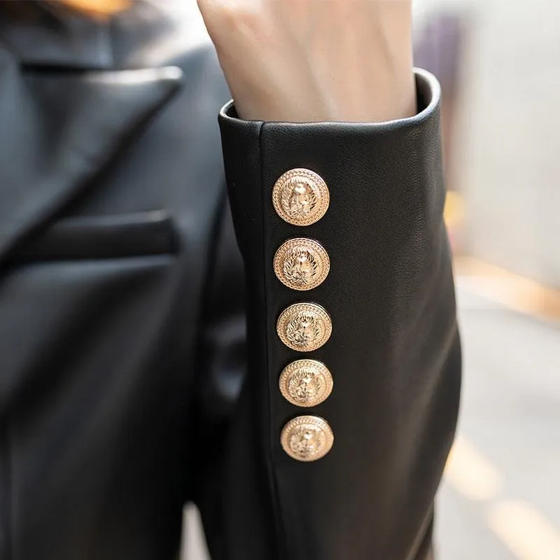 Double Breasted Genuine Leather Blazer - Elegant Outerwear for Women