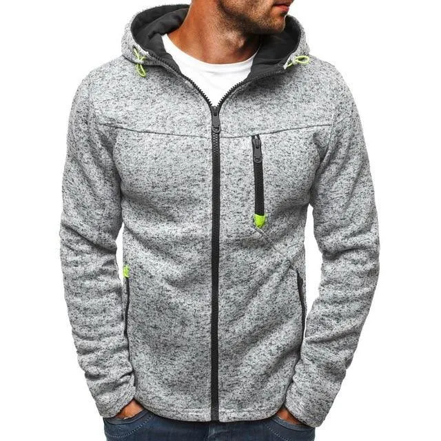 Drawstring Pocket Hooded Sweatshirt Long Sleeve Zip Slim Coat Male Jacket
