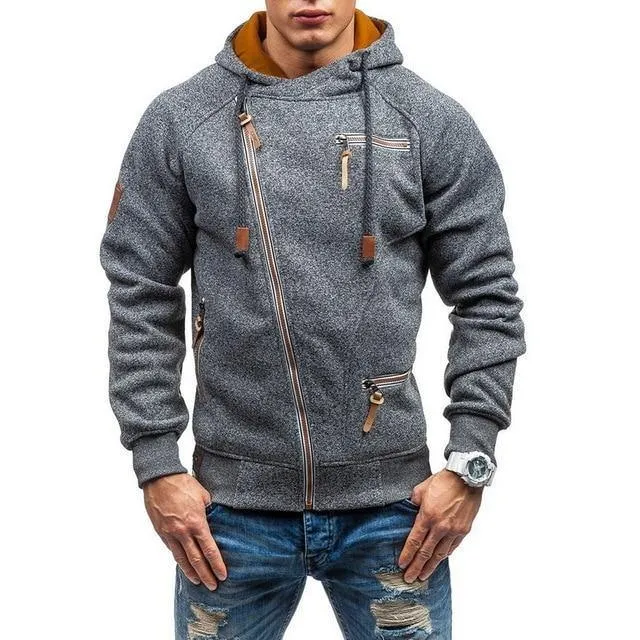 Drawstring Pocket Hooded Sweatshirt Long Sleeve Zip Slim Coat Male Jacket