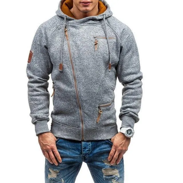 Drawstring Pocket Hooded Sweatshirt Long Sleeve Zip Slim Coat Male Jacket