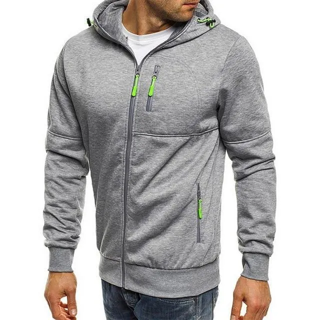 Drawstring Pocket Hooded Sweatshirt Long Sleeve Zip Slim Coat Male Jacket