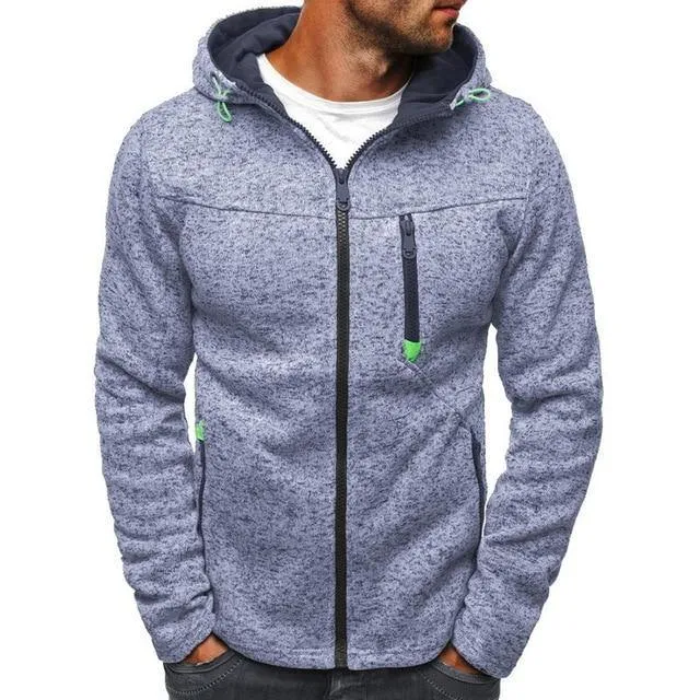Drawstring Pocket Hooded Sweatshirt Long Sleeve Zip Slim Coat Male Jacket