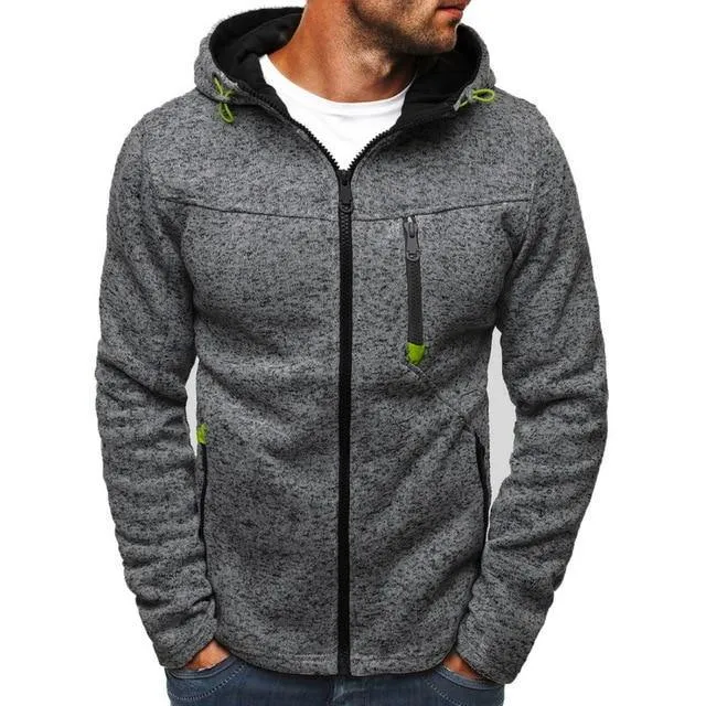 Drawstring Pocket Hooded Sweatshirt Long Sleeve Zip Slim Coat Male Jacket