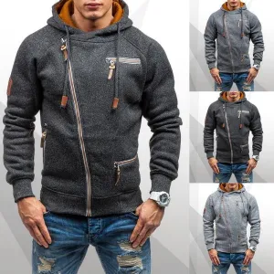 Drawstring Pocket Hooded Sweatshirt Long Sleeve Zip Slim Coat Male Jacket