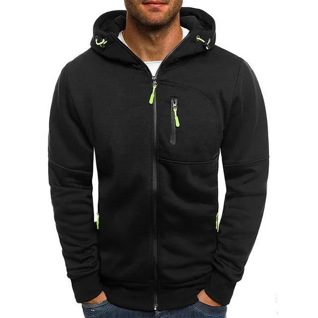 Drawstring Pocket Hooded Sweatshirt Long Sleeve Zip Slim Coat Male Jacket