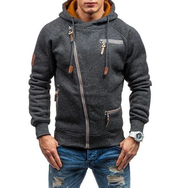 Drawstring Pocket Hooded Sweatshirt Long Sleeve Zip Slim Coat Male Jacket