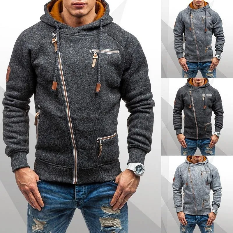 Drawstring Pocket Hooded Sweatshirt Long Sleeve Zip Slim Coat Male Jacket