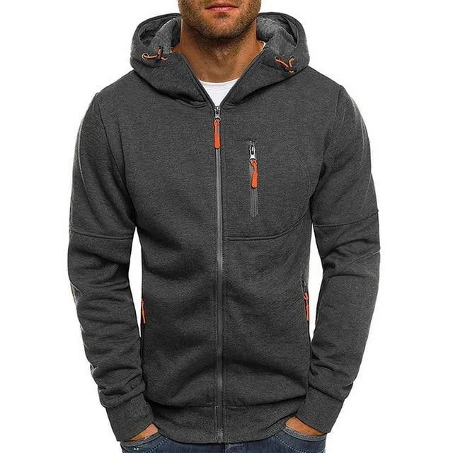 Drawstring Pocket Hooded Sweatshirt Long Sleeve Zip Slim Coat Male Jacket