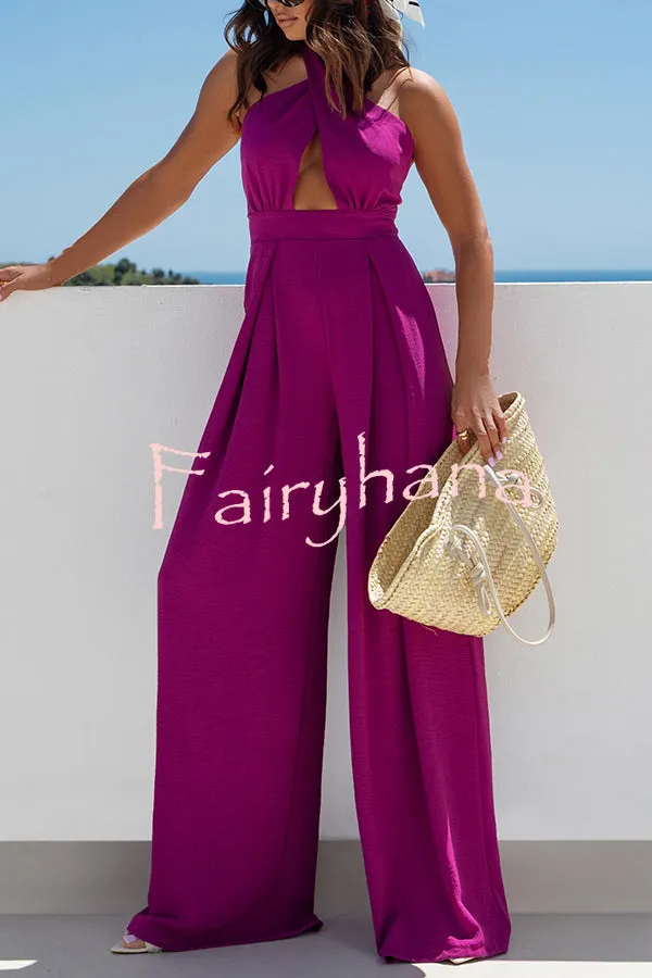 Easy Mode Cross-neck Halter Strap Backless Wide Leg Jumpsuit