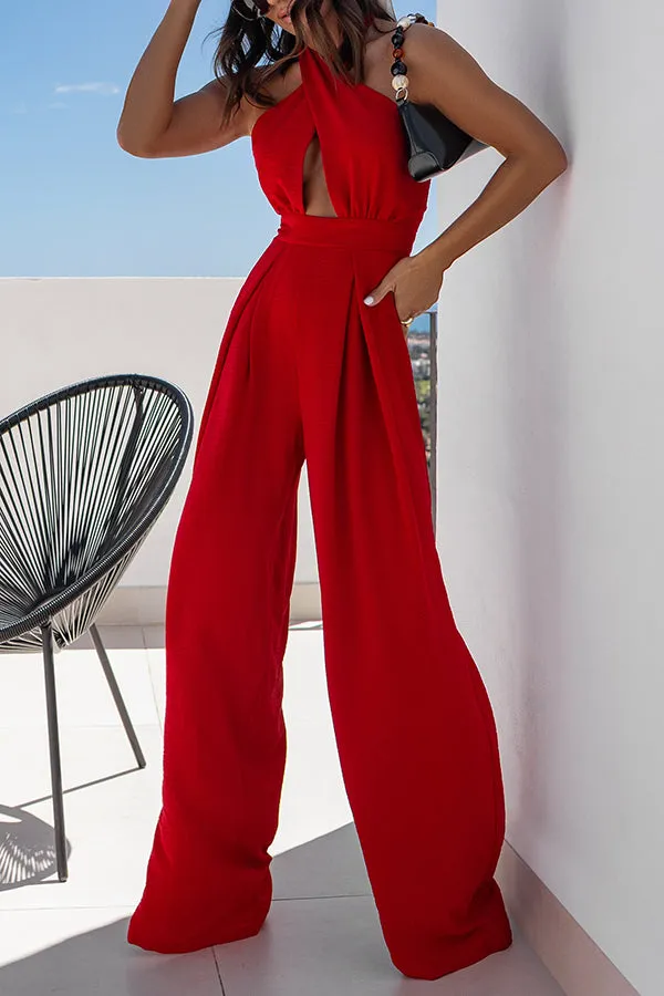 Easy Mode Cross-neck Halter Strap Backless Wide Leg Jumpsuit