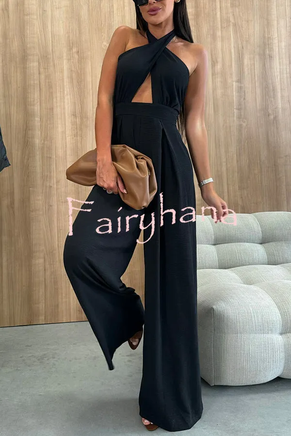 Easy Mode Cross-neck Halter Strap Backless Wide Leg Jumpsuit