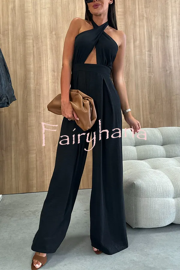 Easy Mode Cross-neck Halter Strap Backless Wide Leg Jumpsuit