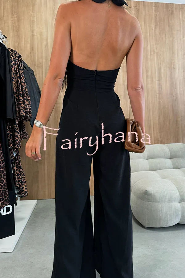 Easy Mode Cross-neck Halter Strap Backless Wide Leg Jumpsuit