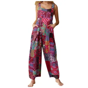 Ethnic Style Patchwork Floral Printed Retro Jumpsuit With Button And Pocket Fashion Colorful Adjustable Strap Pants