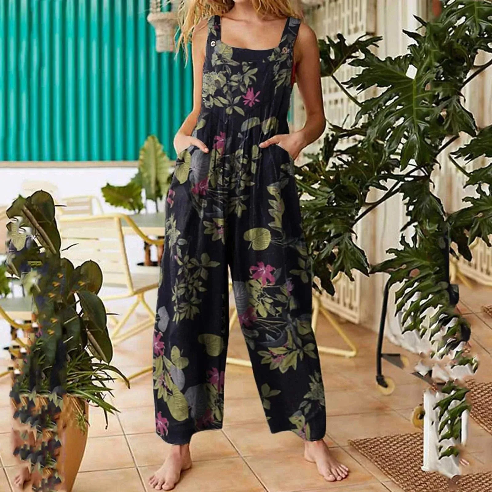 Ethnic Style Patchwork Floral Printed Retro Jumpsuit With Button And Pocket Fashion Colorful Adjustable Strap Pants