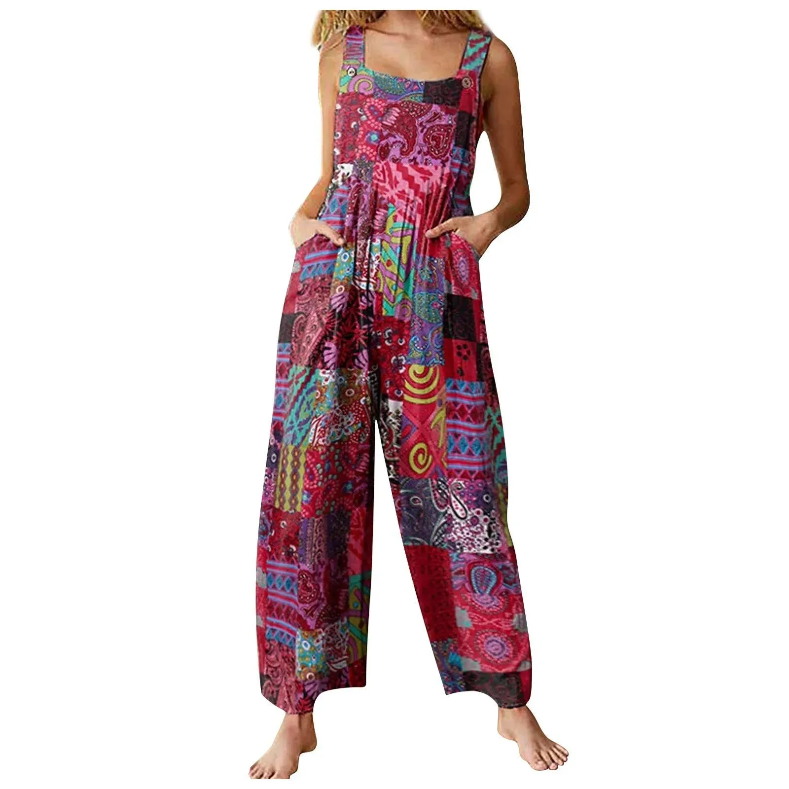 Ethnic Style Patchwork Floral Printed Retro Jumpsuit With Button And Pocket Fashion Colorful Adjustable Strap Pants